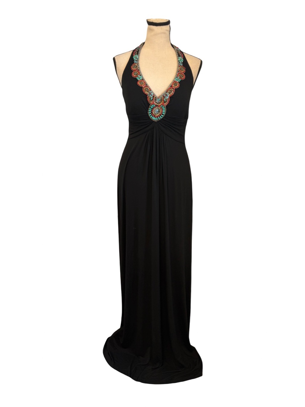 NWT Cache Black Beaded Halter Maxi Dress Turquoise Red Boho Resort $158 M